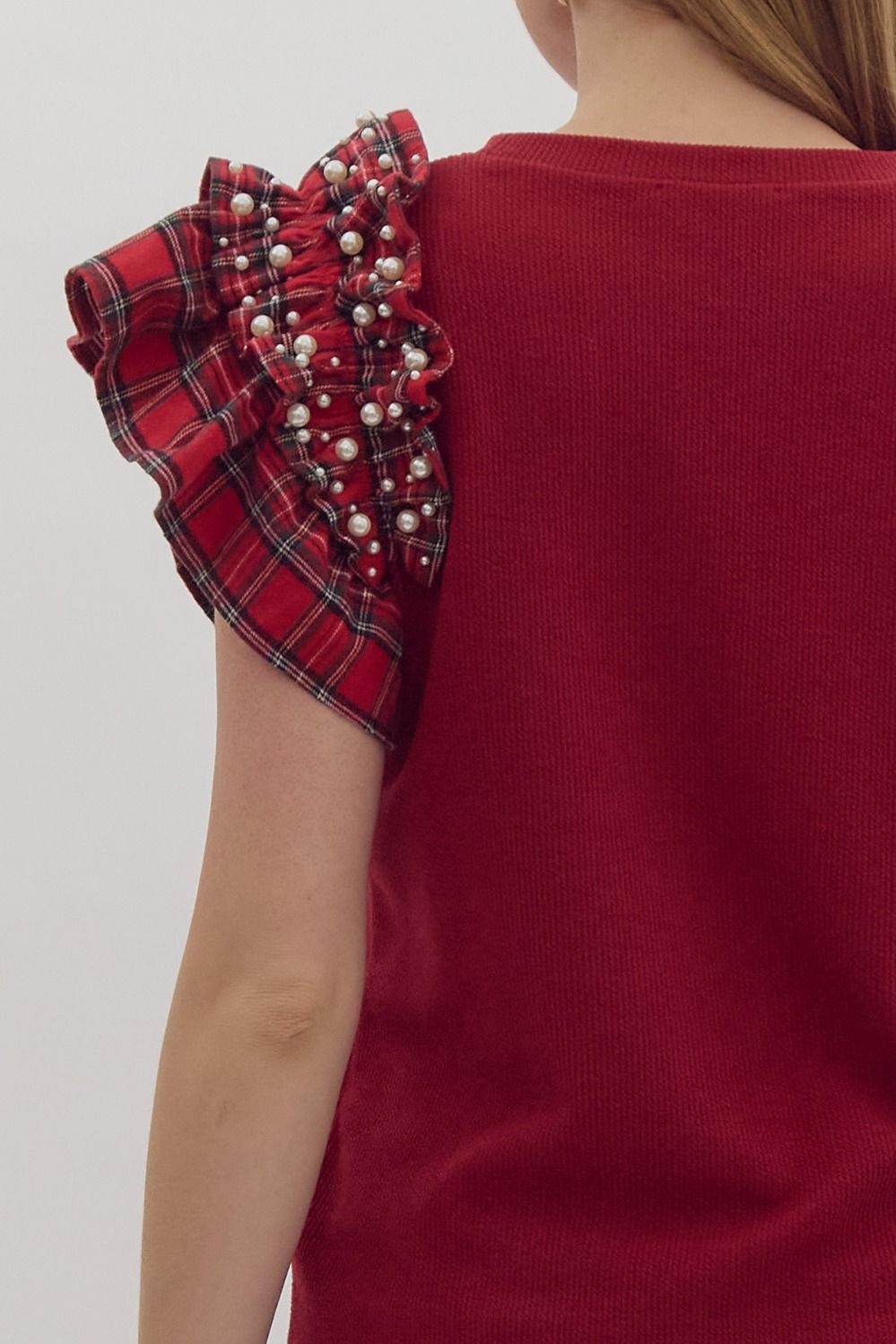 Solid Ribbed Short Sleeve Top w/ Plaid Ruffled Sleeves w/ Pearl Embellishment