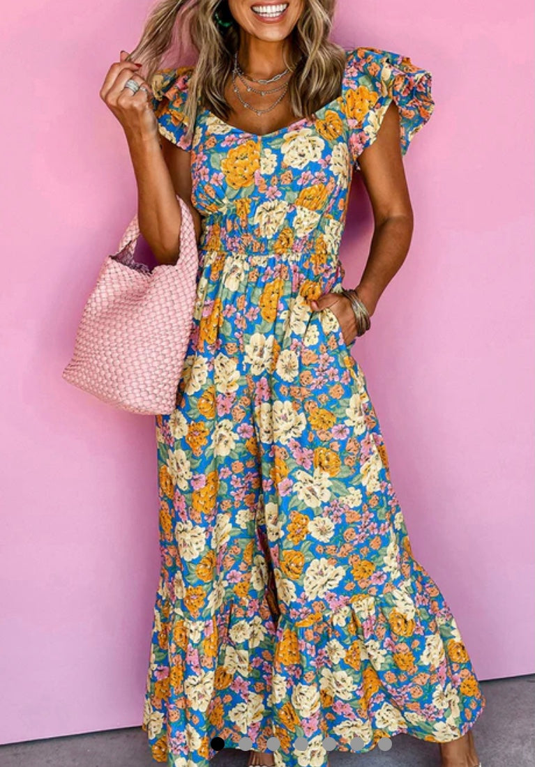 Yellow floral all over print shirred cut out high waist jumpsuit