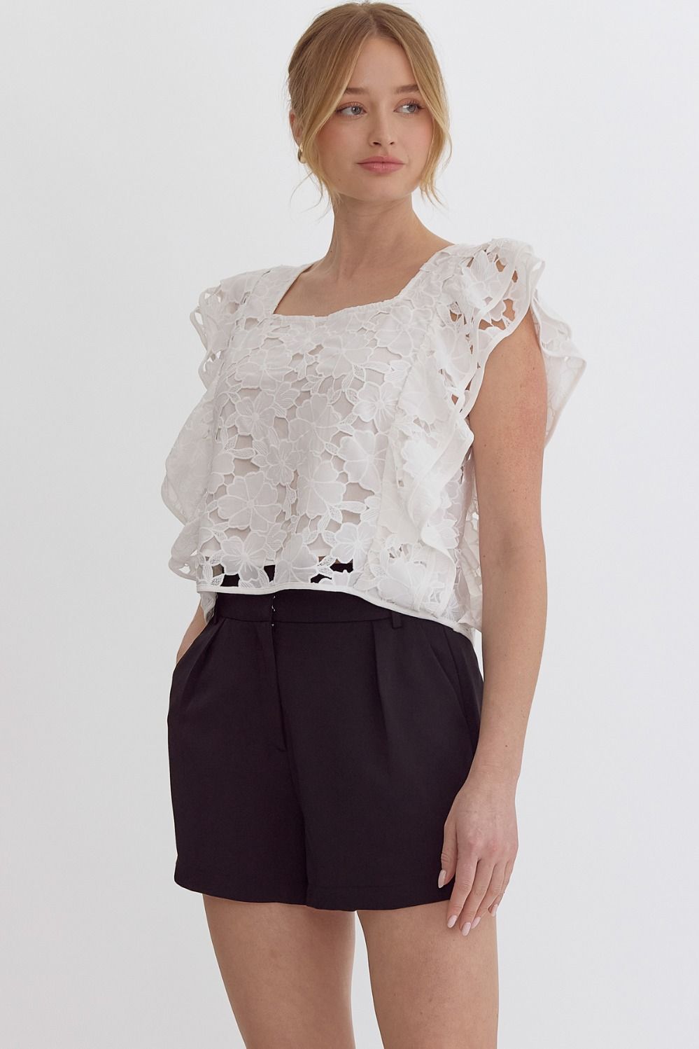 Lace Floral Square Neck Sleeveless Top w/ Ruffle Deatail
