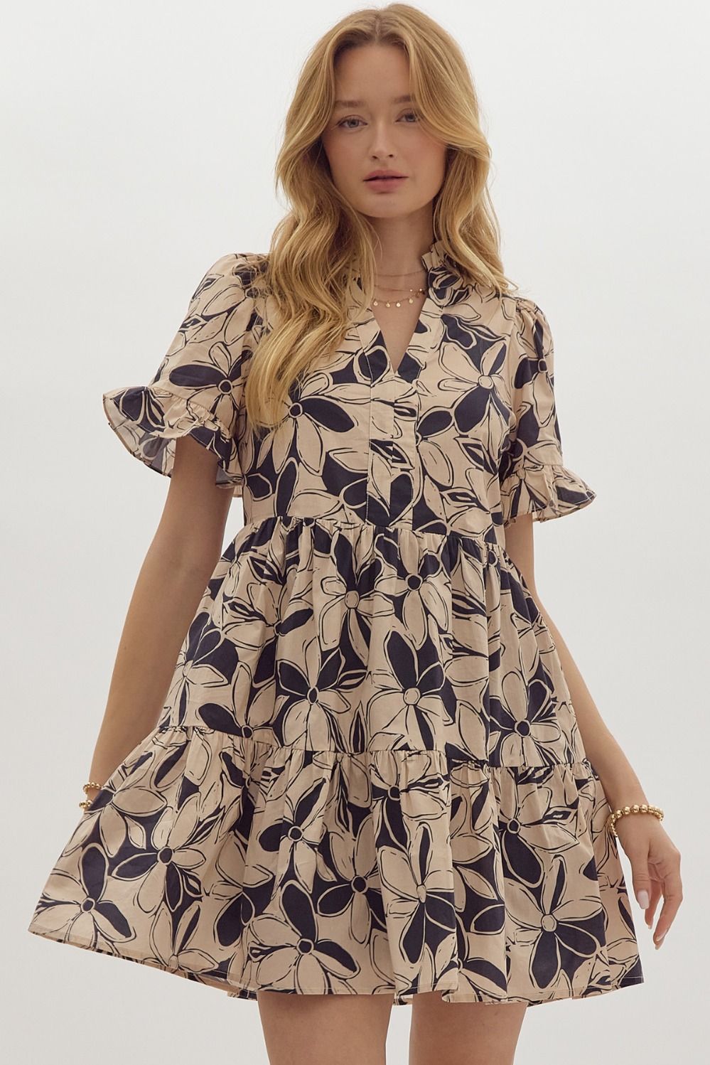 Floral Print V Neck Short Sleeve Mini Dress w/ Ruffle