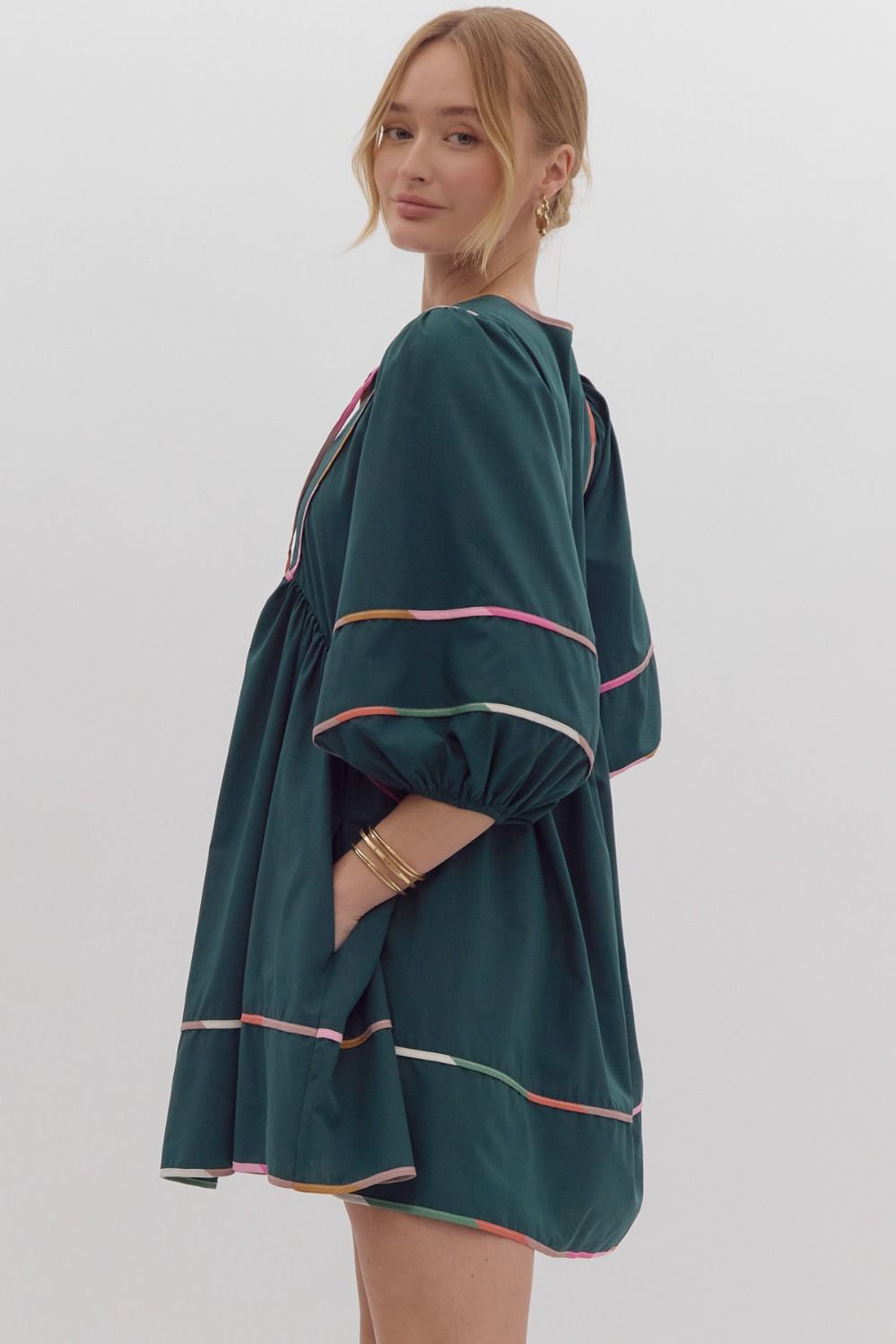 Solid Half Sleeve V Neck Mini Dress w/ Side Pockets & ColorBlock Trim
