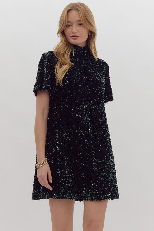 Sequin embellished short sleeve turtle neck mini dress w/ self tie at back