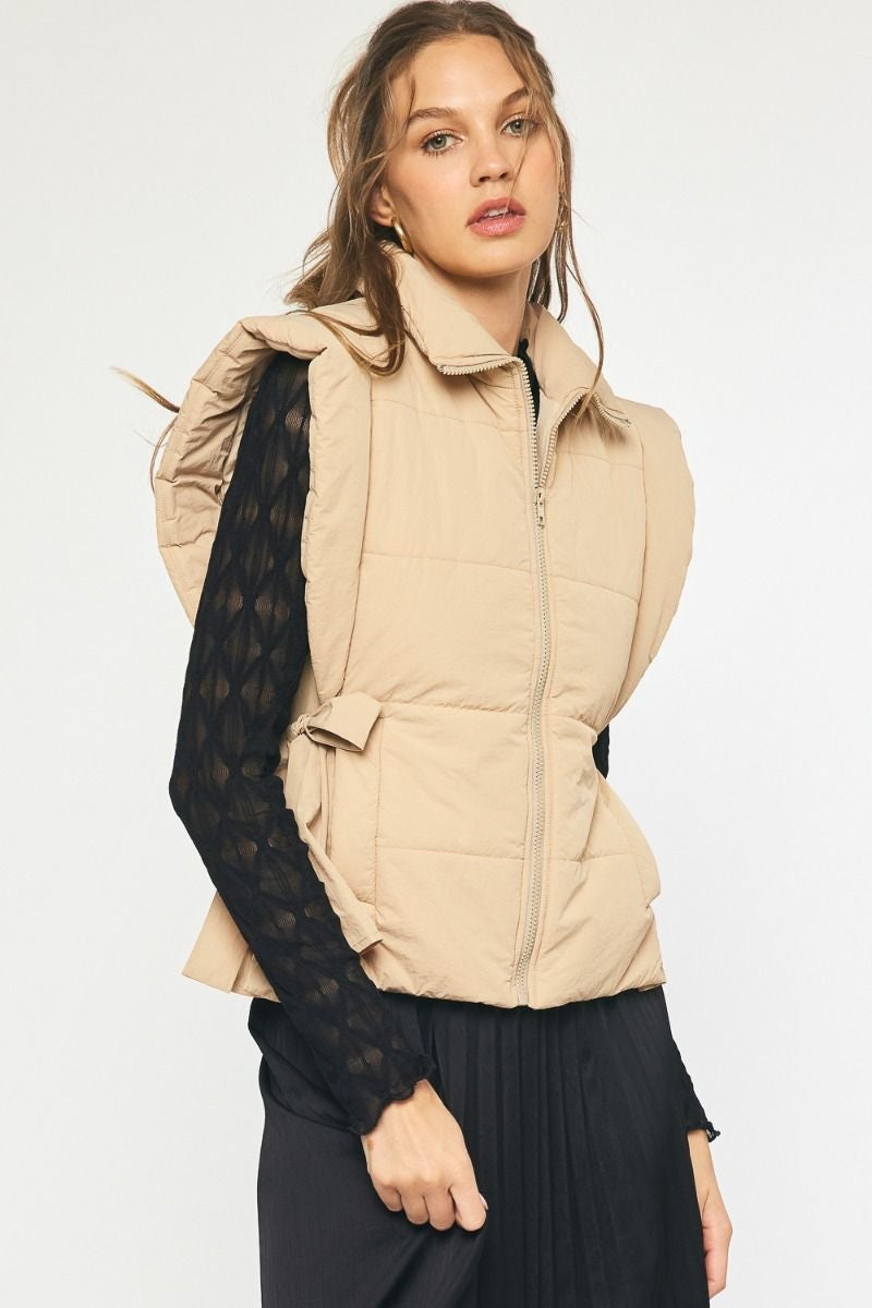 Solid Quilted Zip Up Collared Vest w/ Self Tie at Side w/ Pockets