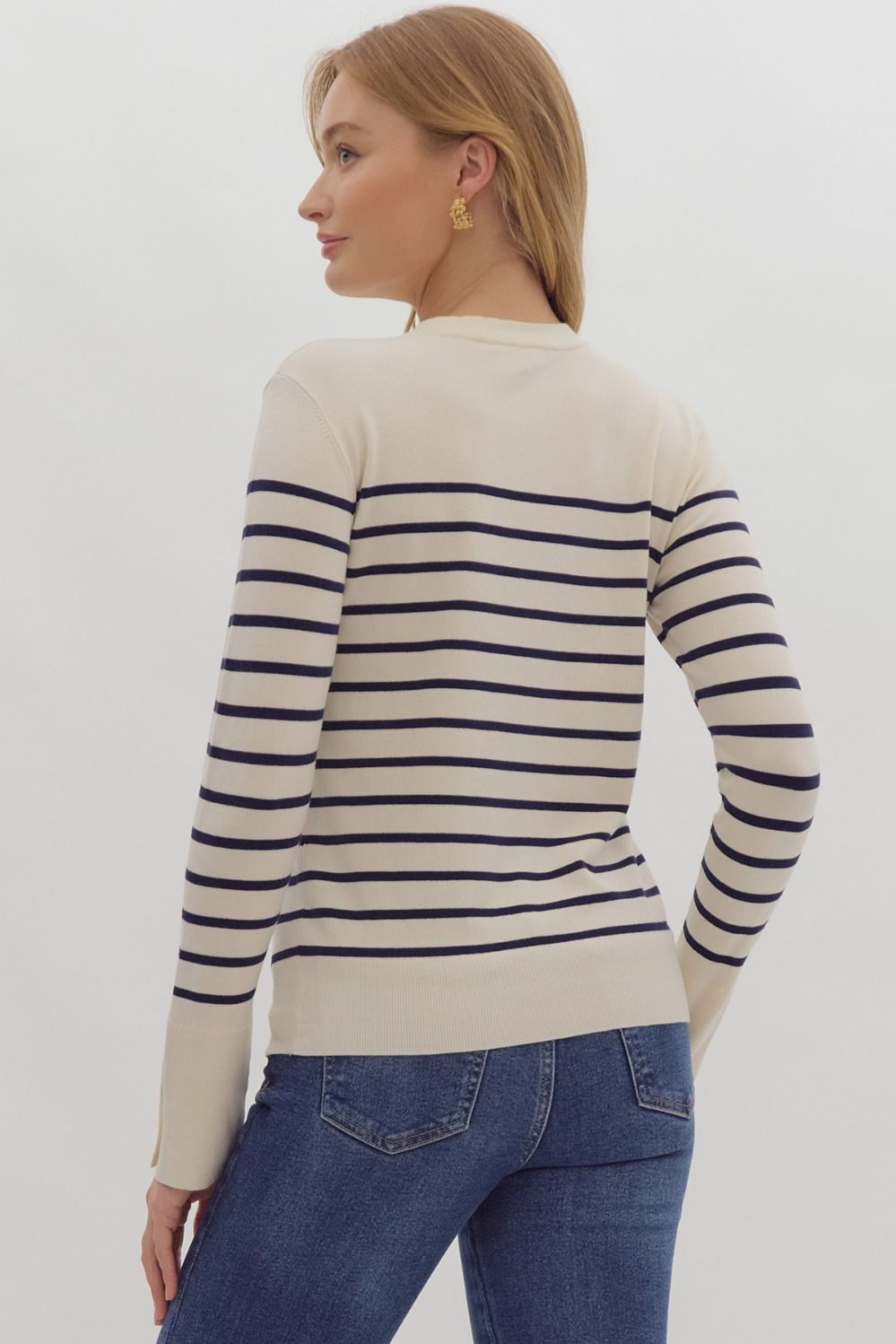 Ecru Stripe print long sleeve round neck top w/ button up detail at cuff