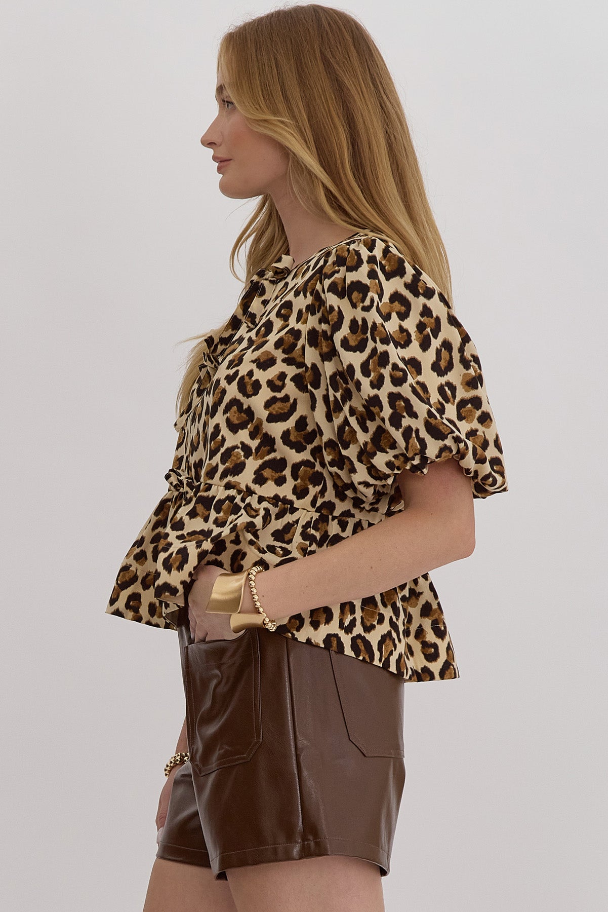 Leopard Print Bubble Sleeve Peplum Top w/ Bow Detail