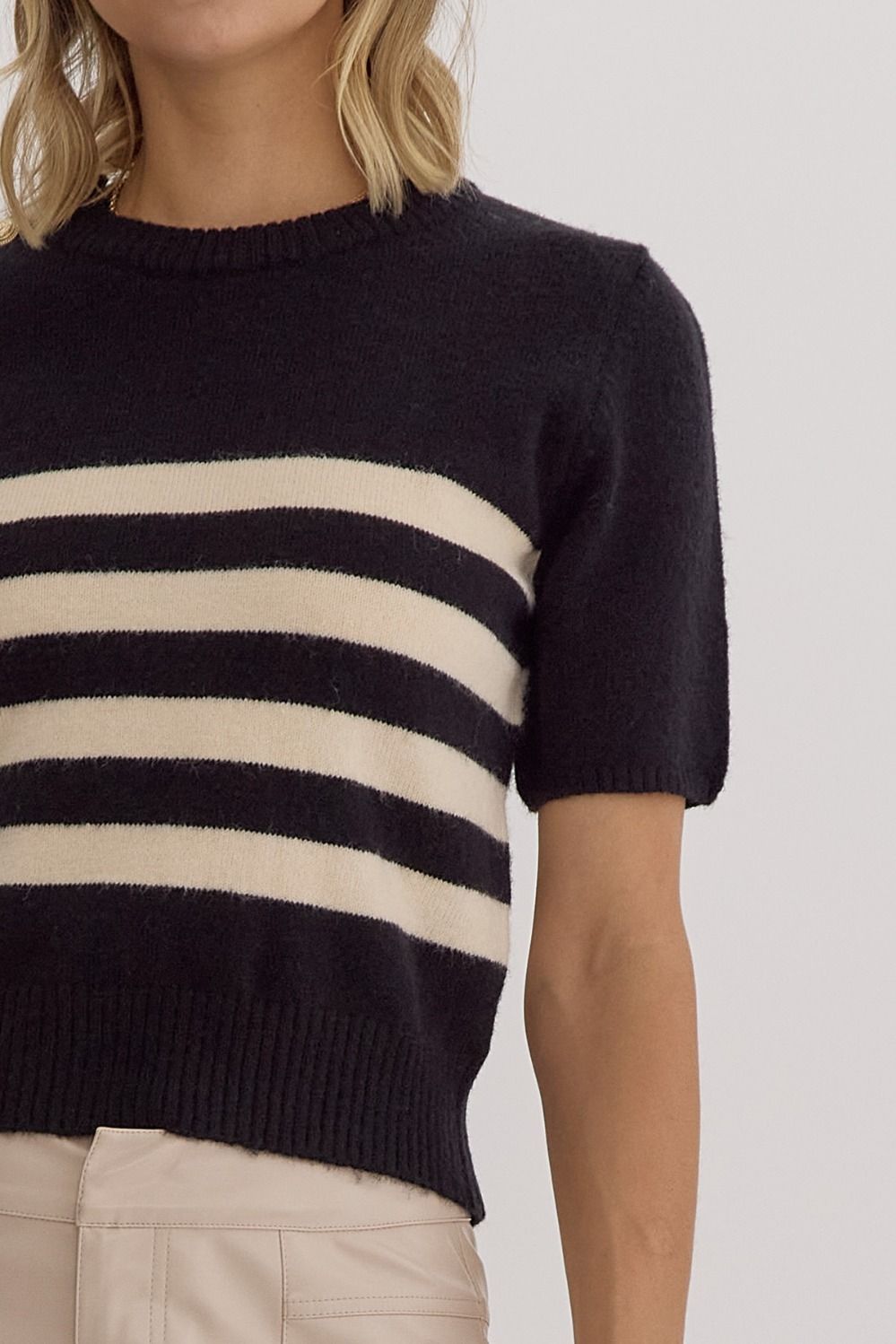 Stripe Print Round Neck Short Sleeve Knit Top
