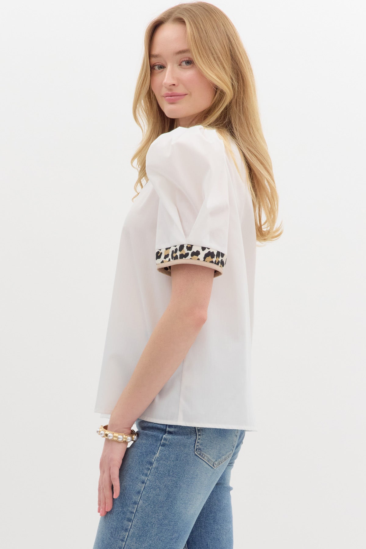 Off White Puff Sleeve V-Neck Blouse w/ Leopard Trim