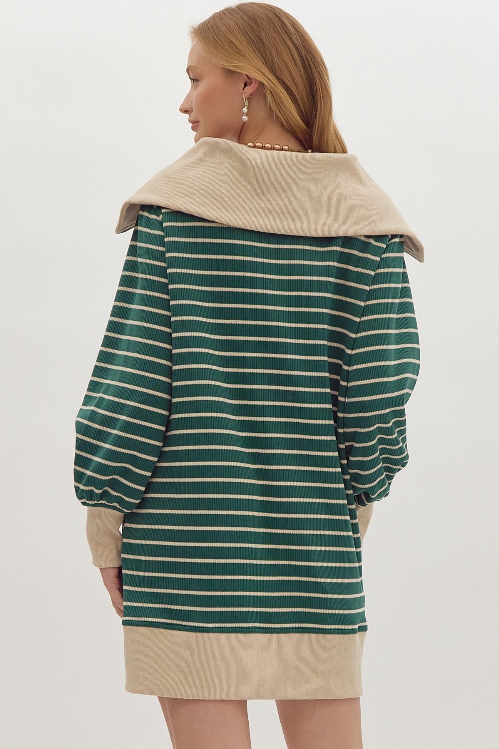 Striped Print Ribbed Zip Up Long Sleeve Mini Dress w/ Oversized Collar
