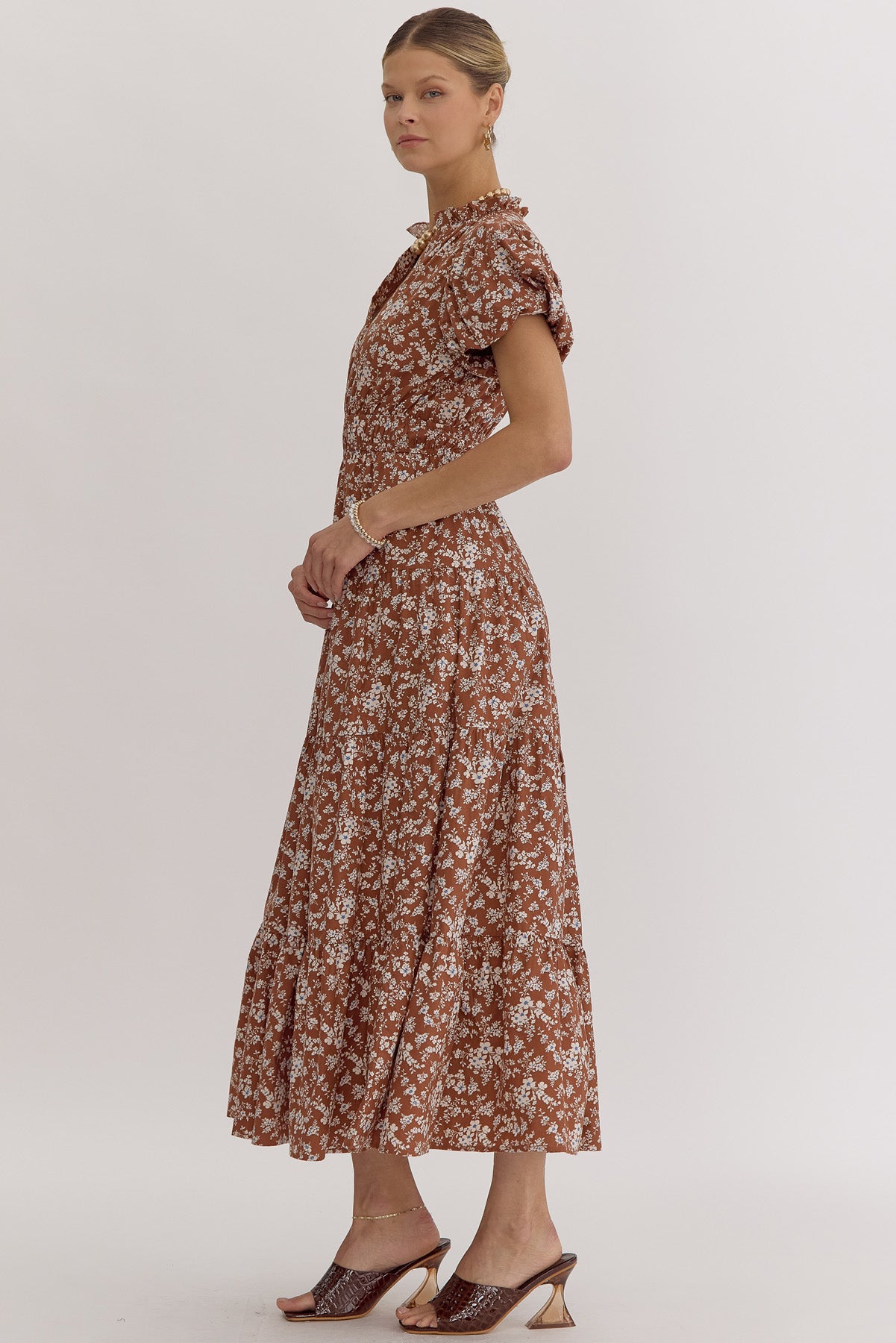 Floral print v neck bubble sleeve midi dress w/ elastic at waist