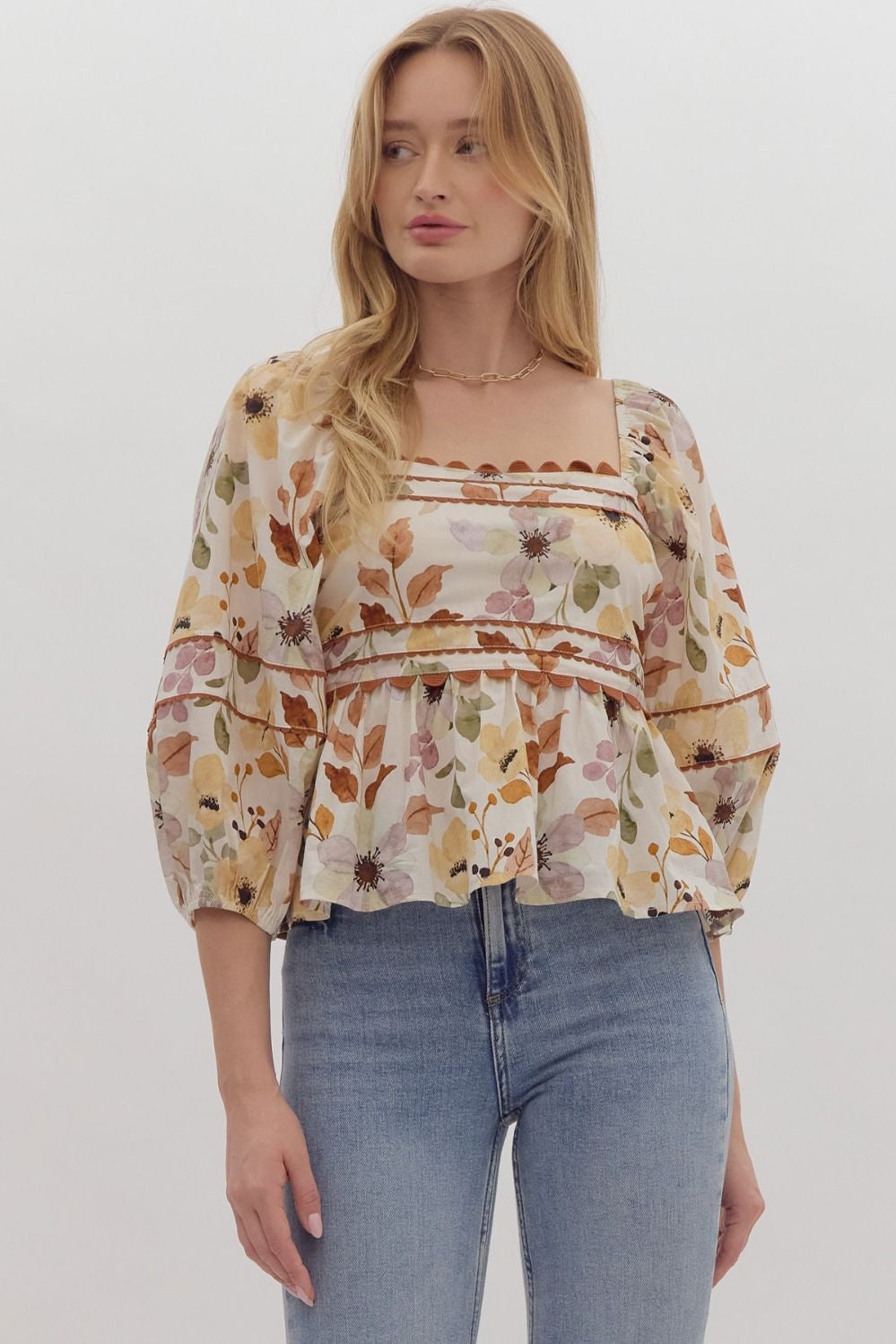 Floral Print Elasticized 3/4 Sleeve Balloon Sleeve Peplum Top