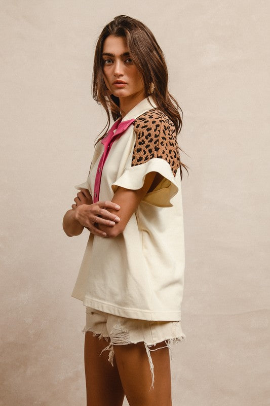 Contrast Placket Flutter Sleeve Top w/ Leopard Knit