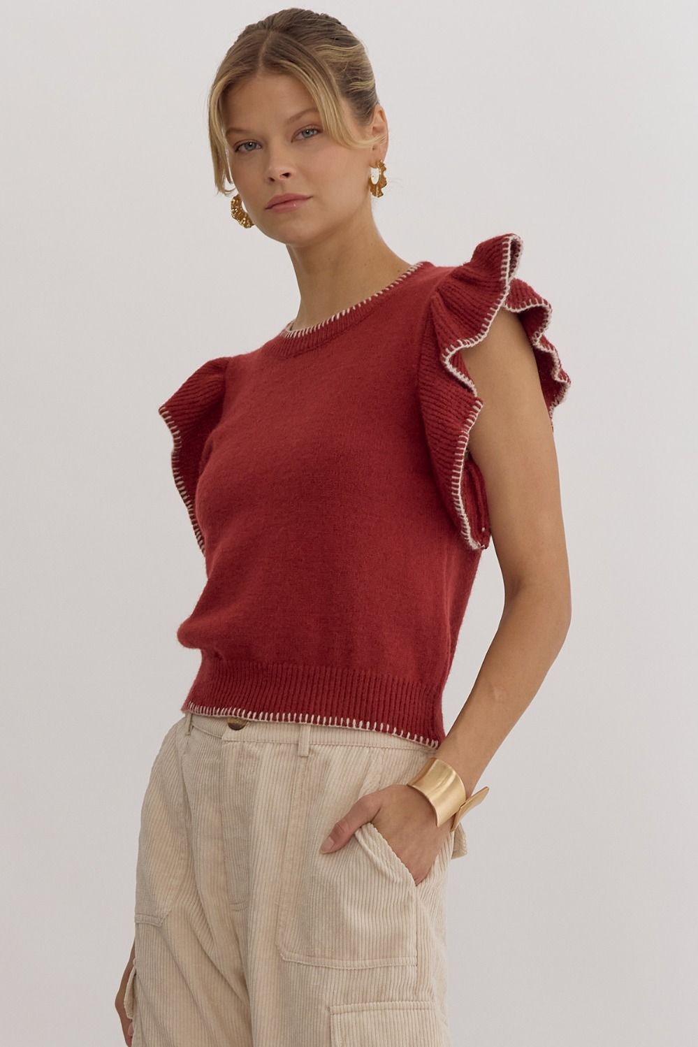 Solid Round Neck Ruffle Sleeve Top w/ Contrast Stitching