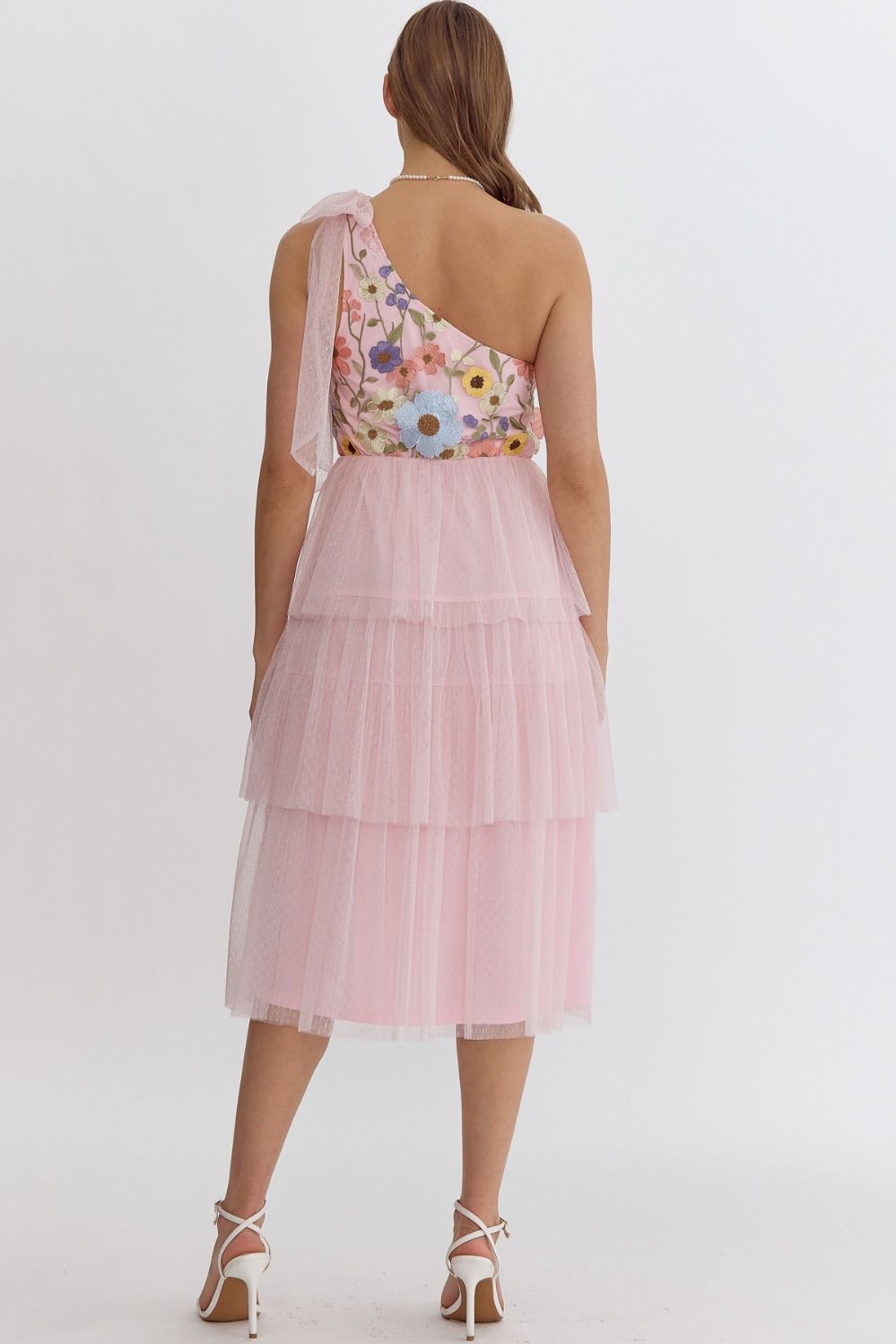 3D Floral Appliqué One Shoulder Midi Dress w/ Self Tie