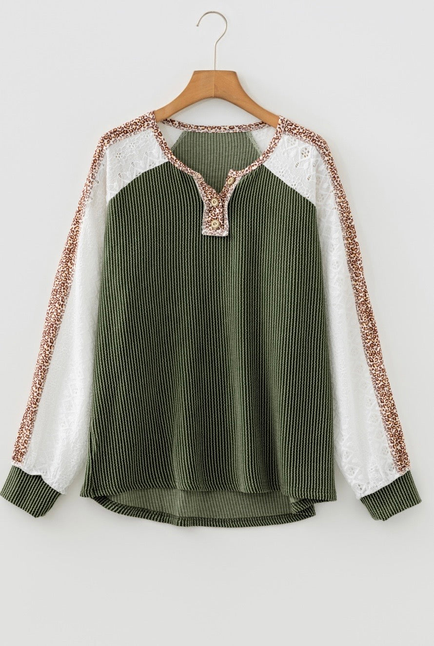 Vineyard Green Twisted Ribbed Leopard Lace Contrast Patchwork Long Sleeve Top