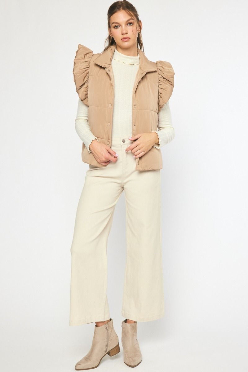 Solid Quilted Collared Button Up Vest w/ Quilted Ruffle at Shoulders w/ Pockets
