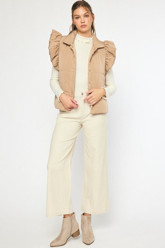 Solid Quilted Collared Button Up Vest w/ Quilted Ruffle at Shoulders w/ Pockets