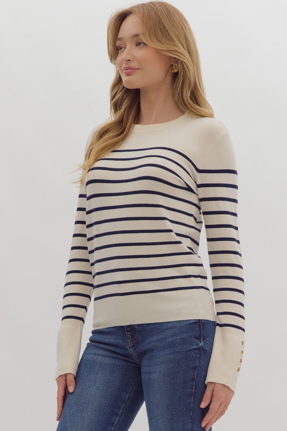 Ecru Stripe print long sleeve round neck top w/ button up detail at cuff