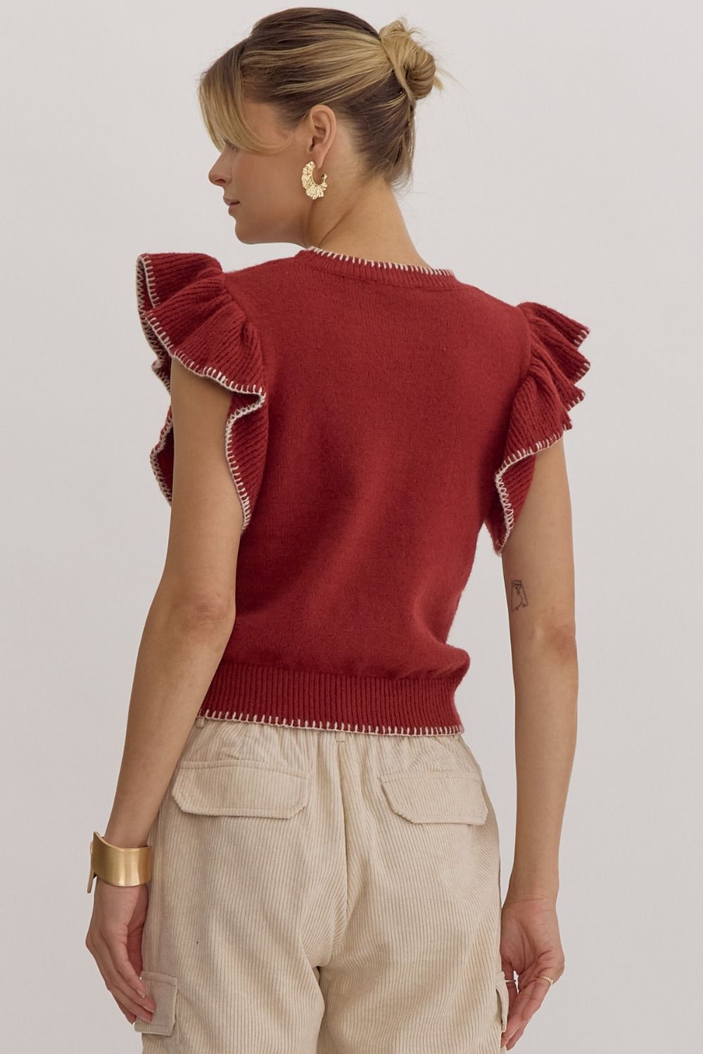 Solid Round Neck Ruffle Sleeve Top w/ Contrast Stitching