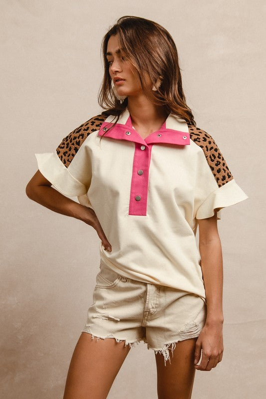 Contrast Placket Flutter Sleeve Top w/ Leopard Knit