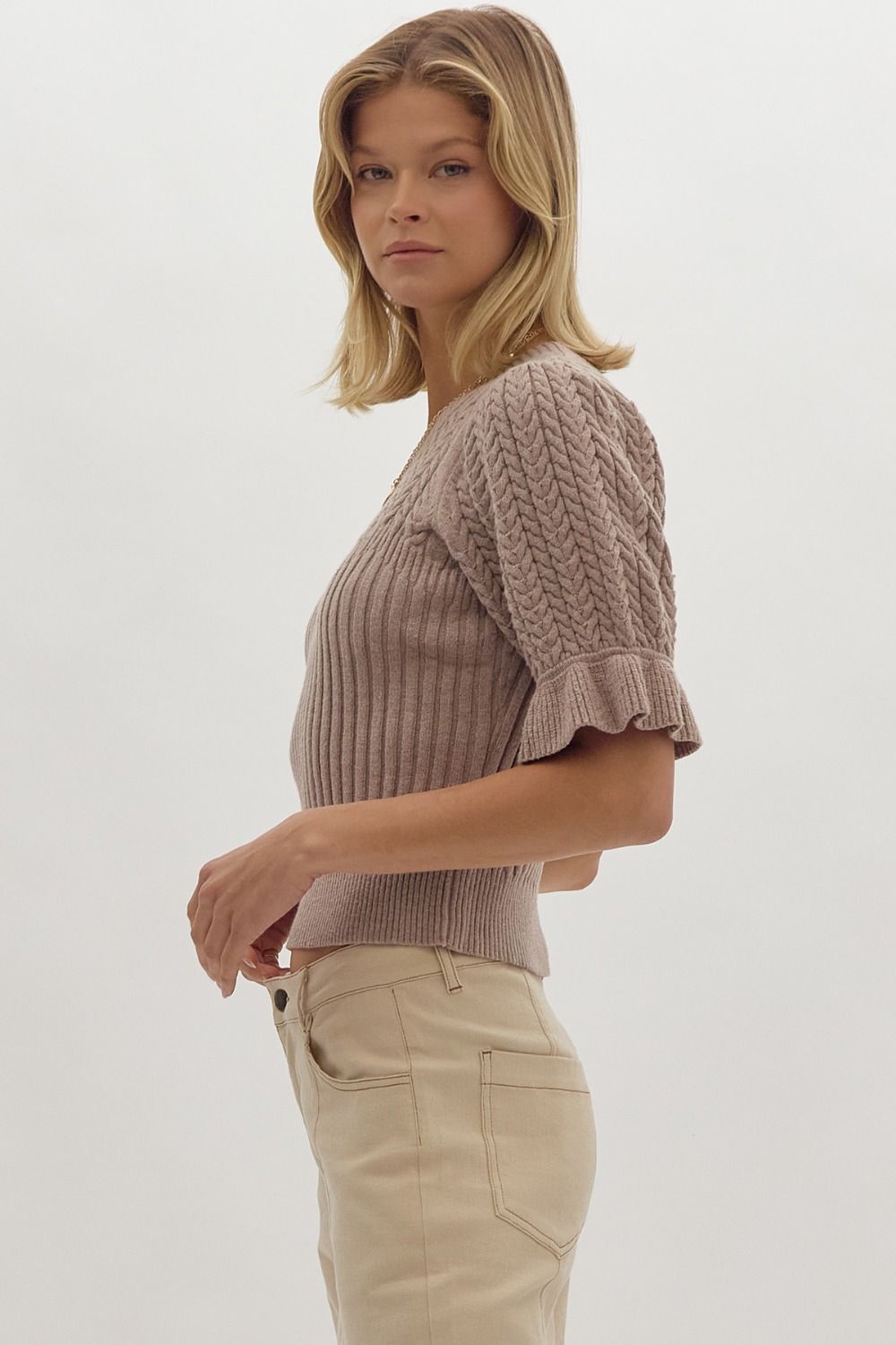 Solid Textured Knit Cropped Sweater w/ Ruffle Cuff