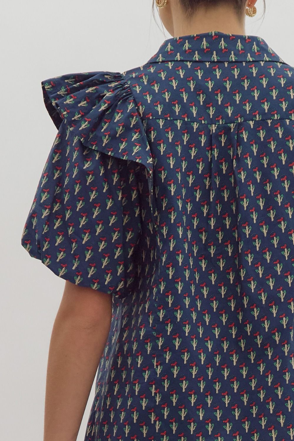 Floral print short puff sleeve button up collared top w/ Ruffle detail