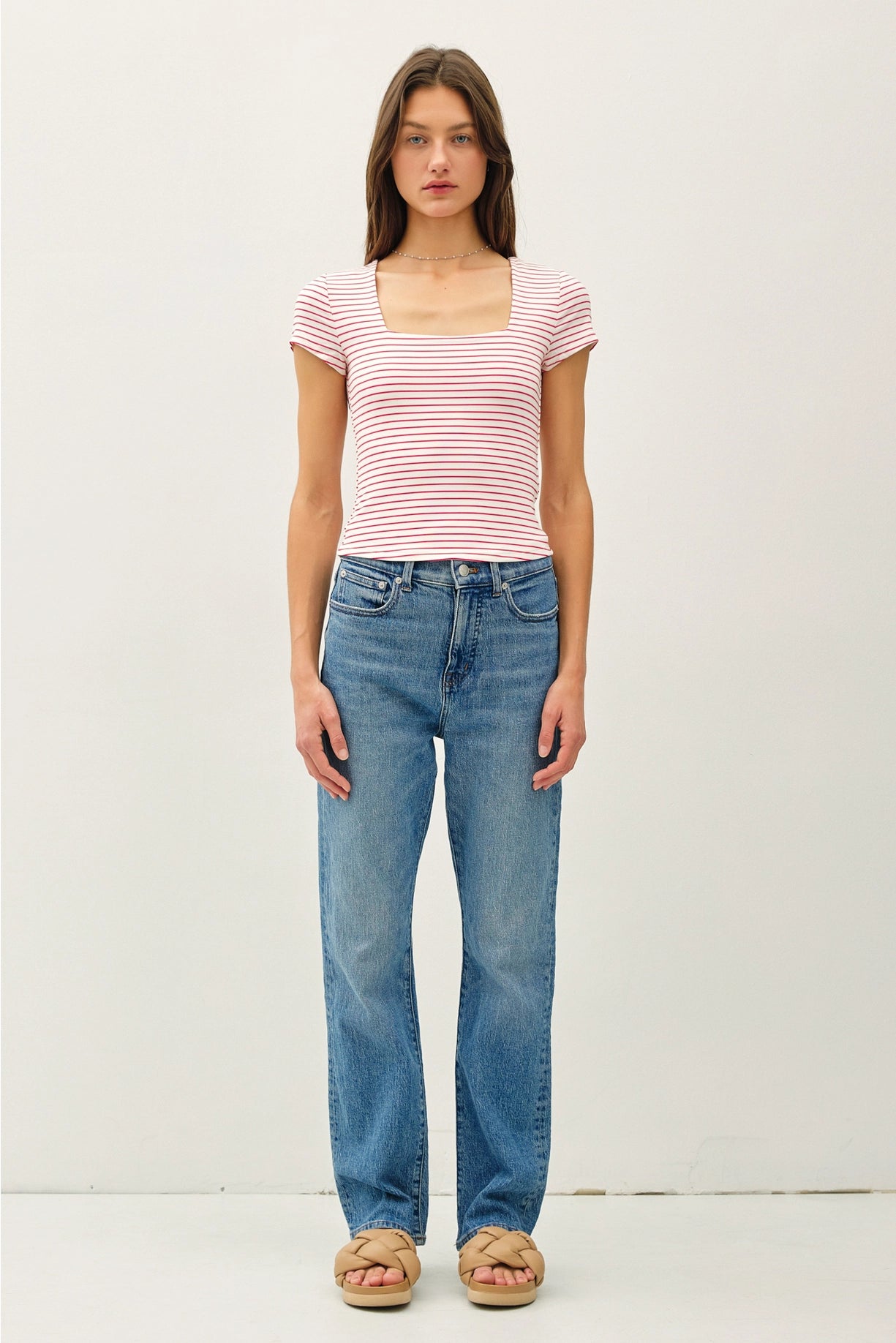 Ultra soft double lined striped square neck top red