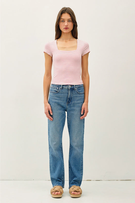 Ultra soft double lined striped square neck top red