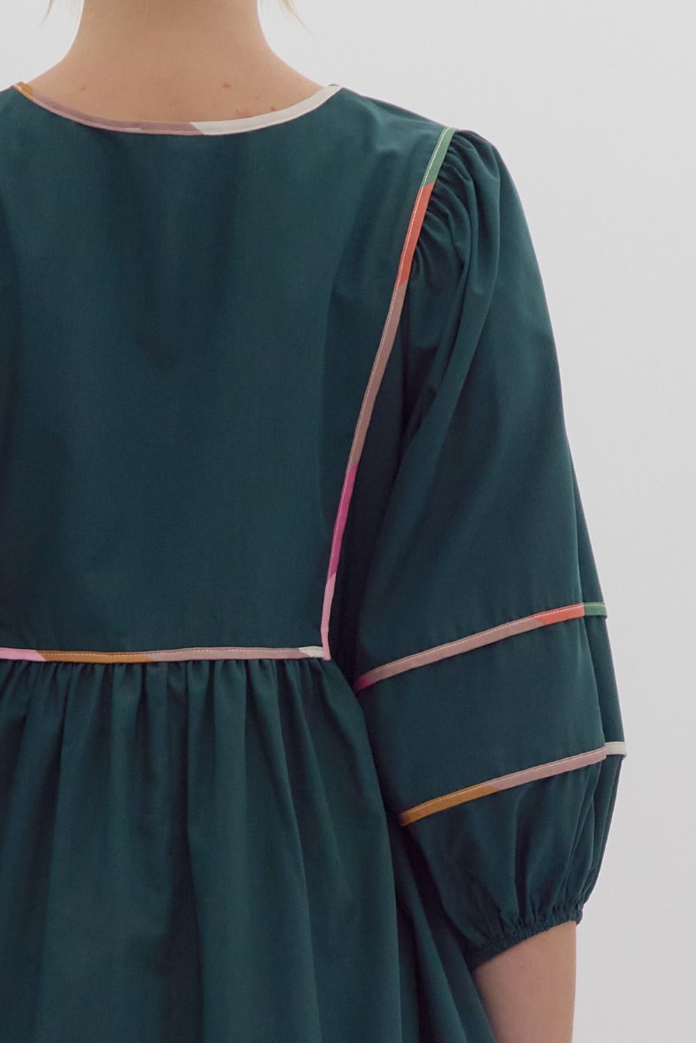 Solid Half Sleeve V Neck Mini Dress w/ Side Pockets & ColorBlock Trim