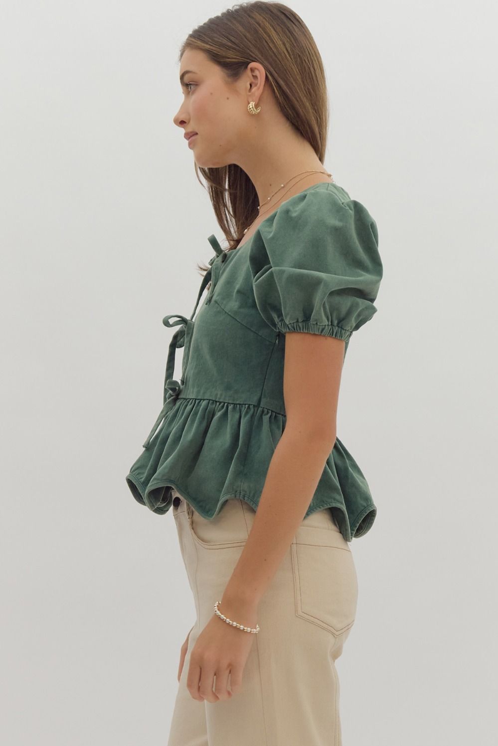 Solid Short Puff Sleeve Square Neck Ruffled Peplum Top w/ Bow Detail