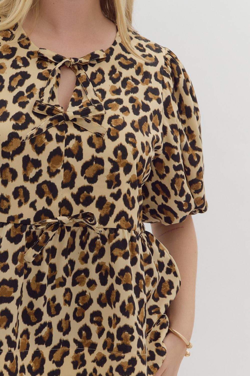 Leopard Print Bubble Sleeve Peplum Top w/ Bow Detail