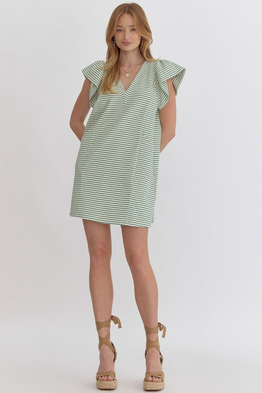 Textured V Neck Short Ruffled Sleeve Mini Dress w/ Pockets