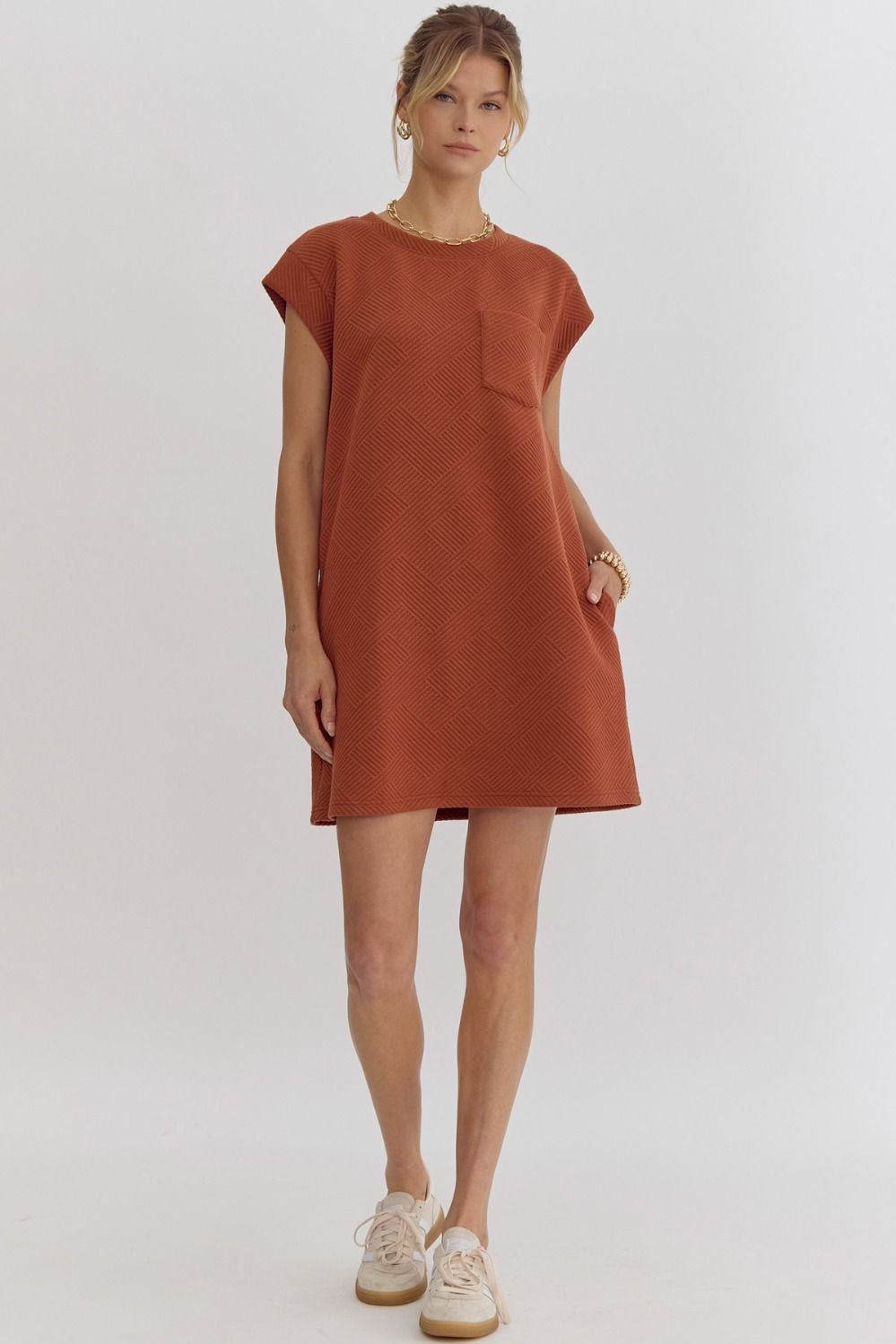 Textured Round Neck Sleeveless Mini Dress w/ Pocketsg