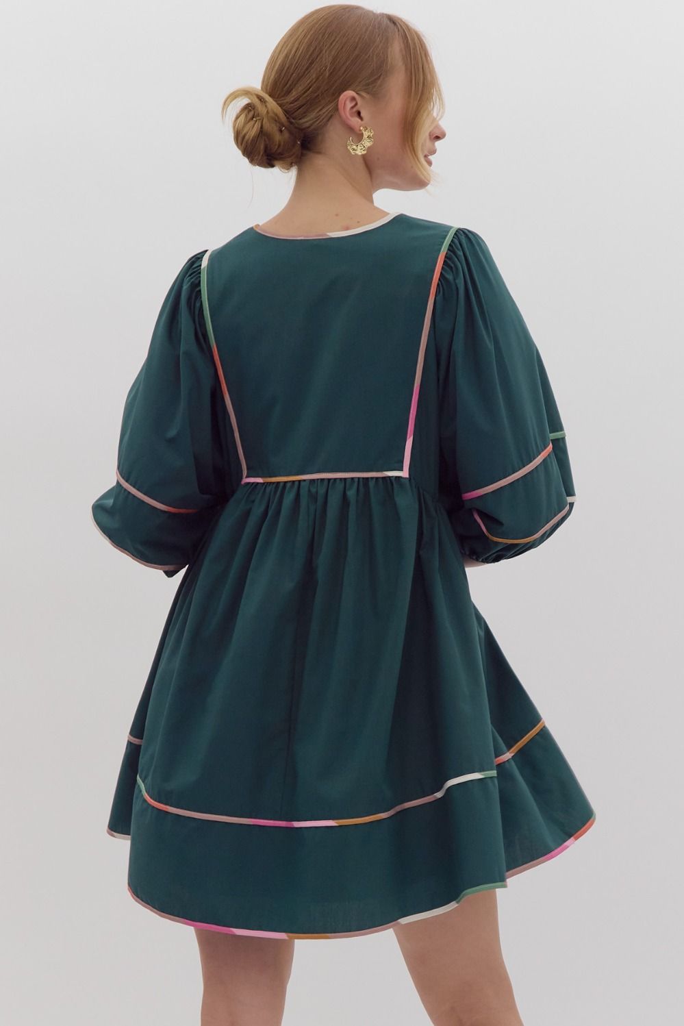 Solid Half Sleeve V Neck Mini Dress w/ Side Pockets & ColorBlock Trim