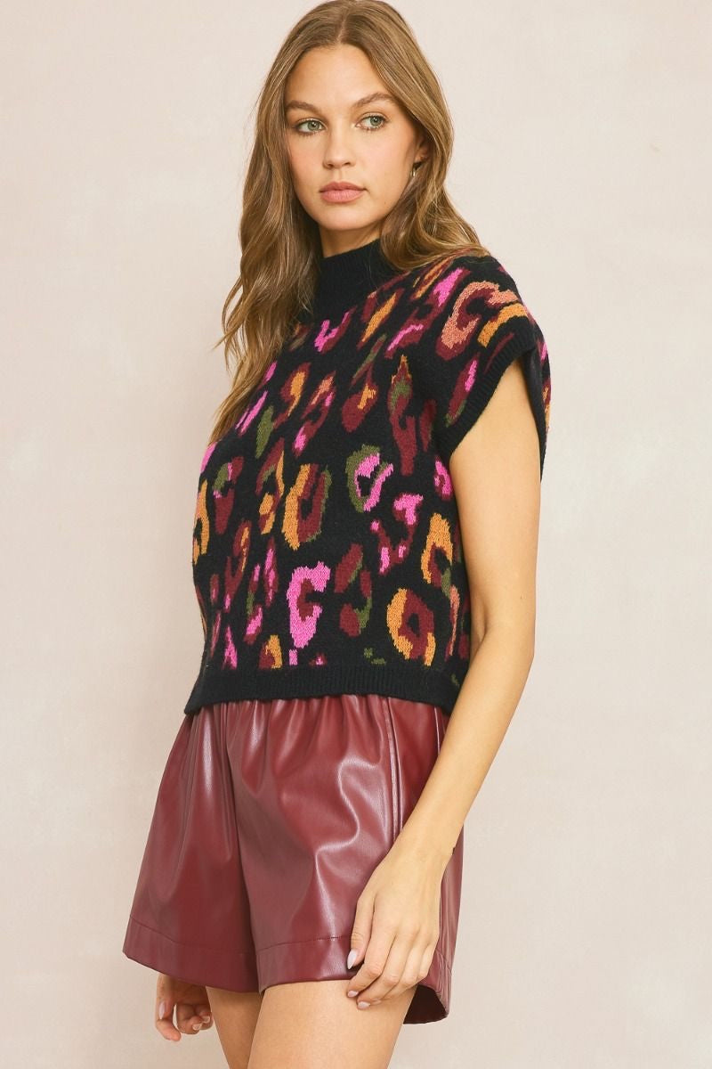 Black Sleeveless Colorful Leopard Sweater