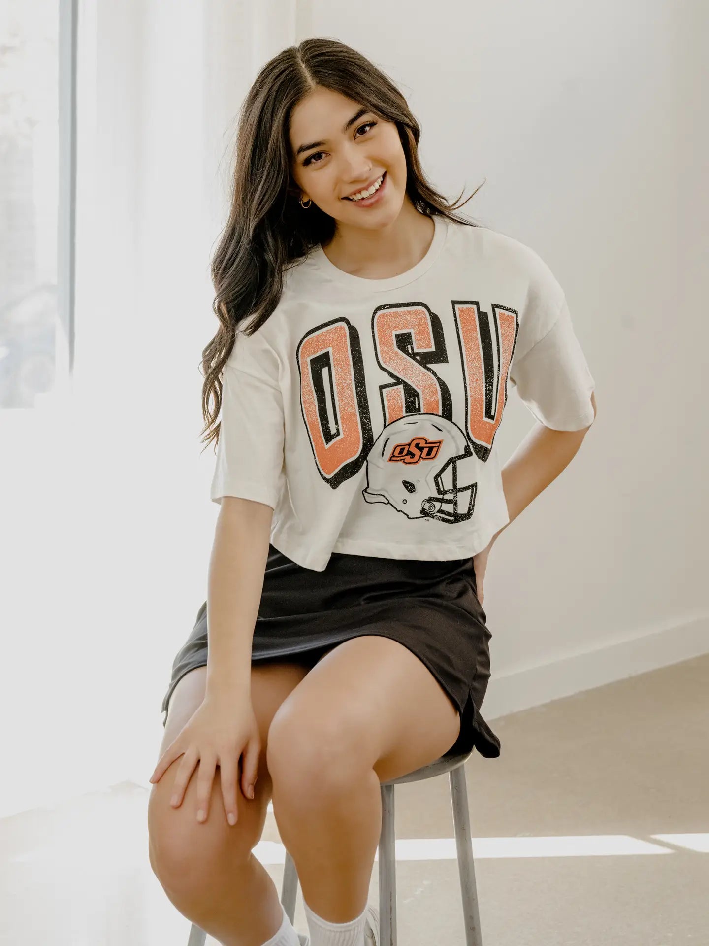 OSU Cowboys Helmut Fade Off White Cropped Tee