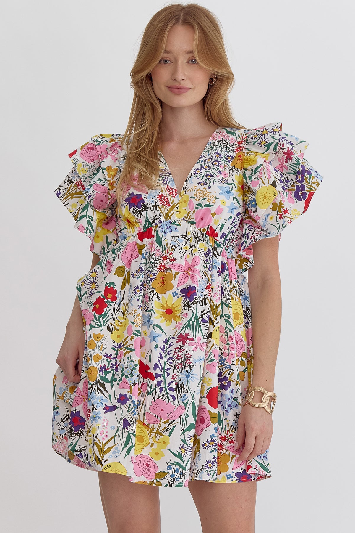 Puff sleeve floral print dress v-neck