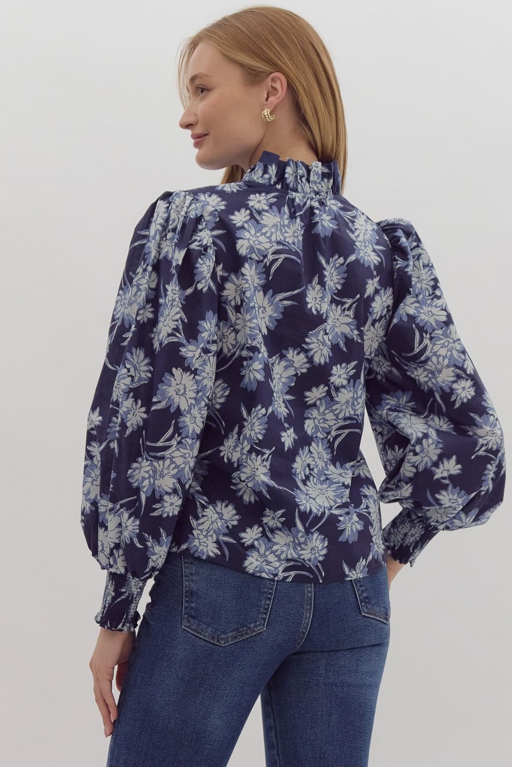 Floral Print Ruffle Neck Smocked Cuff Long Sleeve Button Poplin Blouse