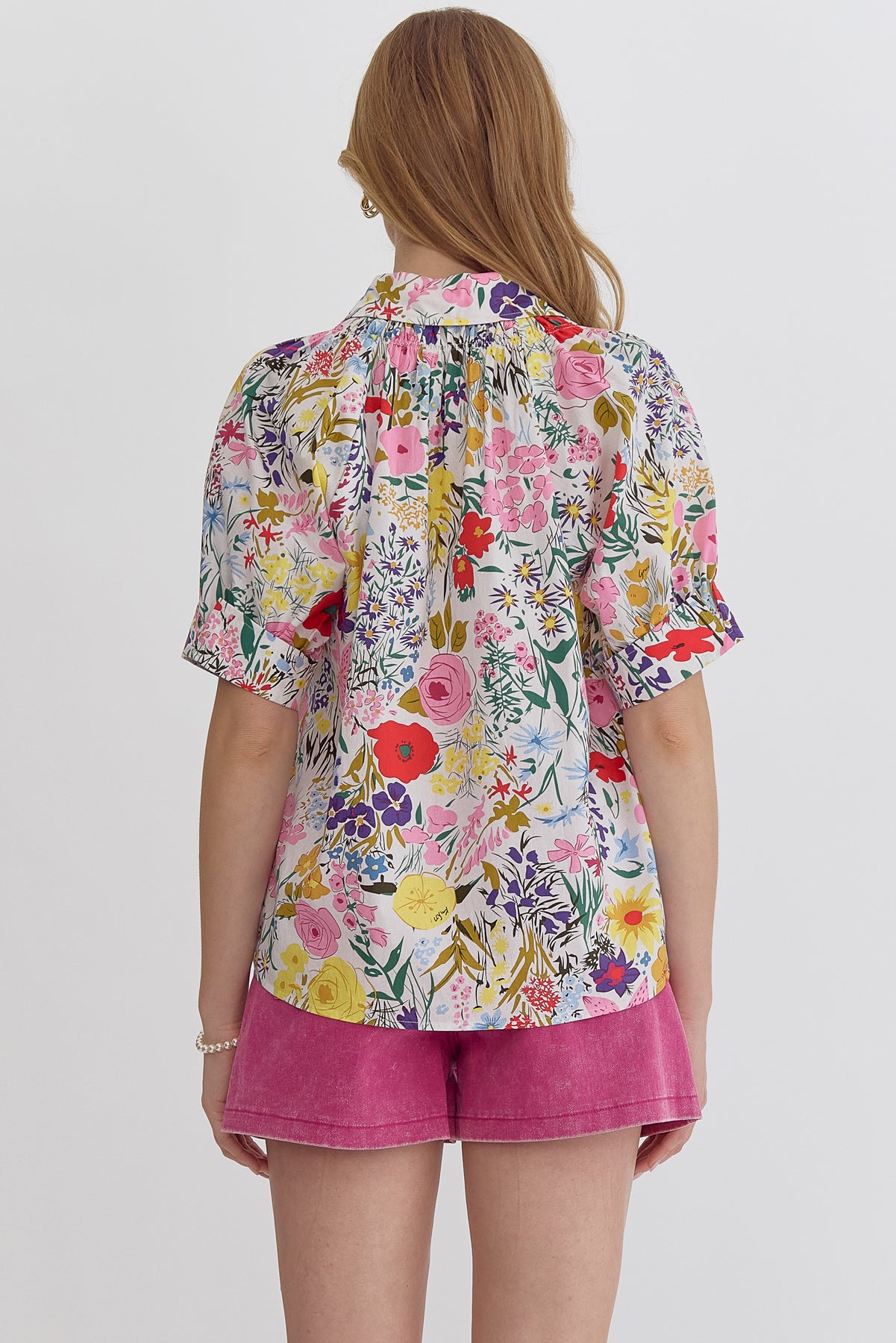 Puff sleeve floral collared top