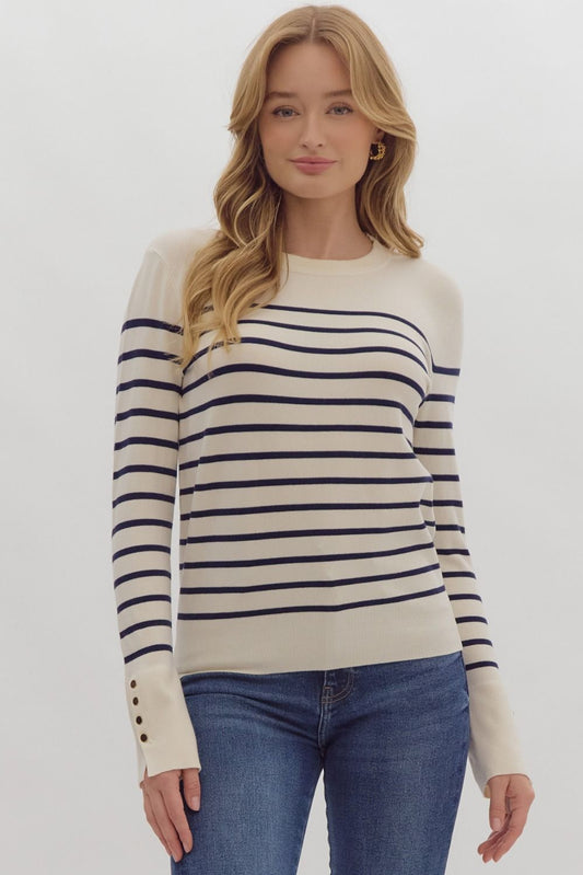 Ecru Stripe print long sleeve round neck top w/ button up detail at cuff