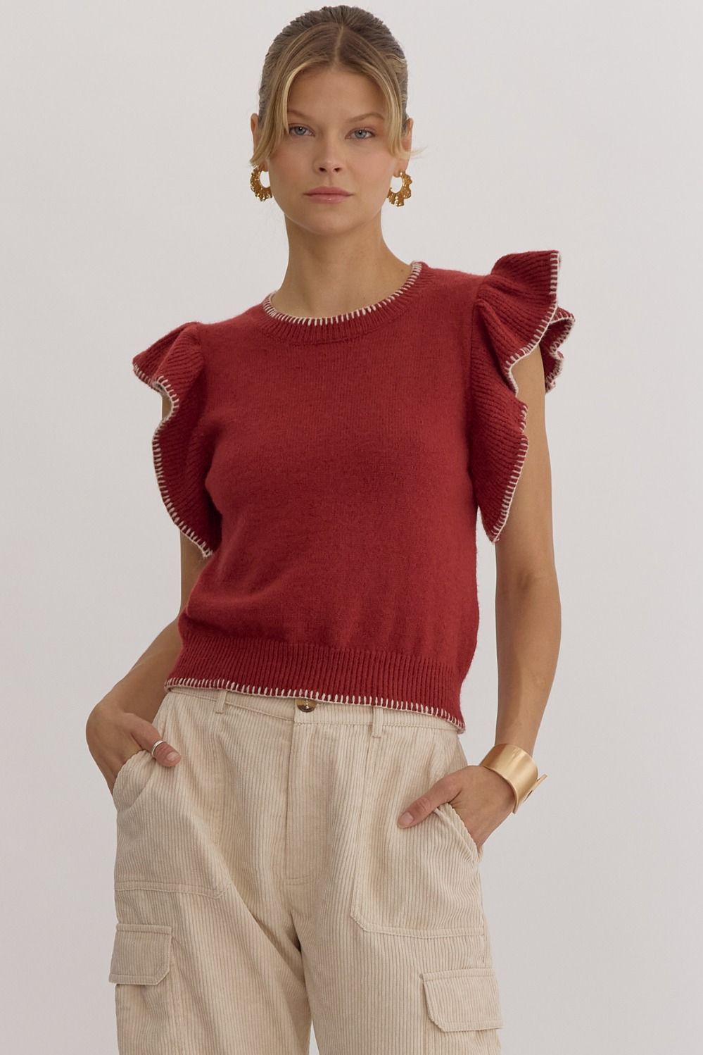 Solid Round Neck Ruffle Sleeve Top w/ Contrast Stitching