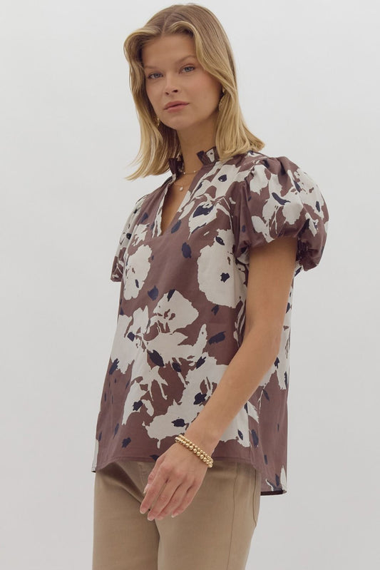 Printed short puff sleeve v-neck top w/ ruffled neckline