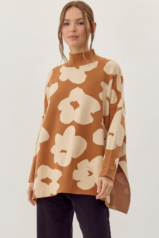 Flower print knitted pullover top
