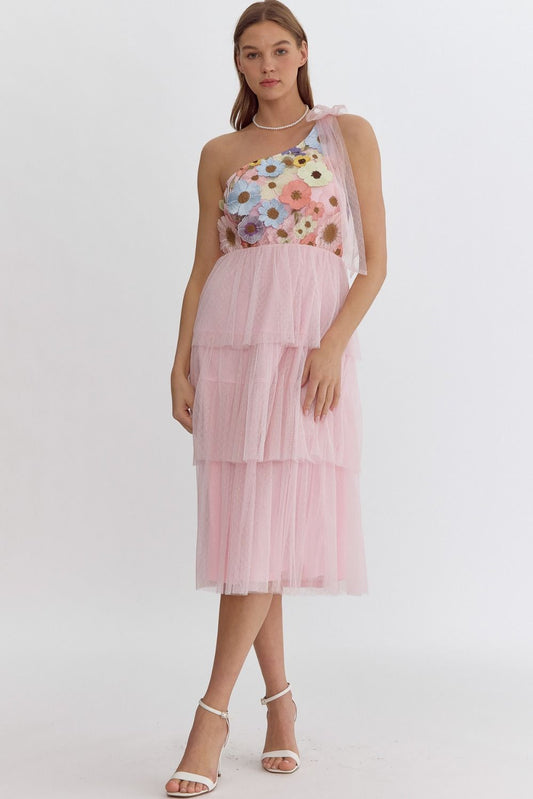 3D Floral Appliqué One Shoulder Midi Dress w/ Self Tie