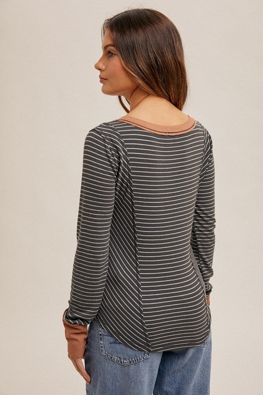 Boat Neck Ribbed Stripe Long Sleeve Top