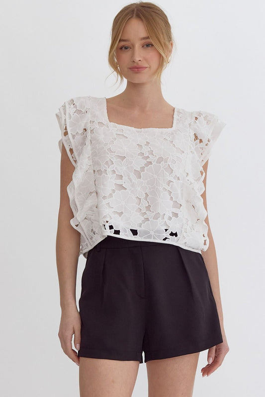 Lace Floral Square Neck Sleeveless Top w/ Ruffle Deatail