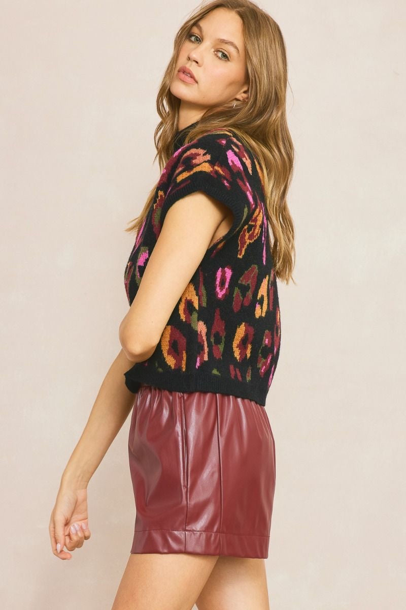 Black Sleeveless Colorful Leopard Sweater