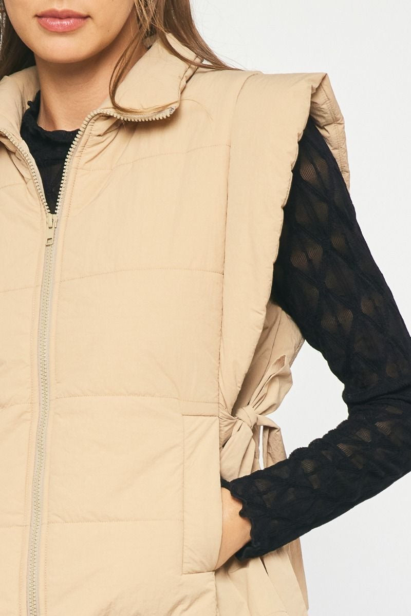 Solid Quilted Zip Up Collared Vest w/ Self Tie at Side w/ Pockets