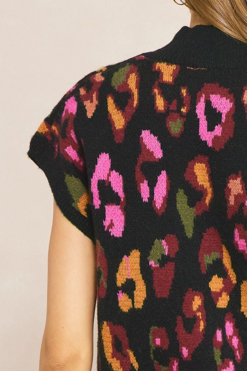 Black Sleeveless Colorful Leopard Sweater