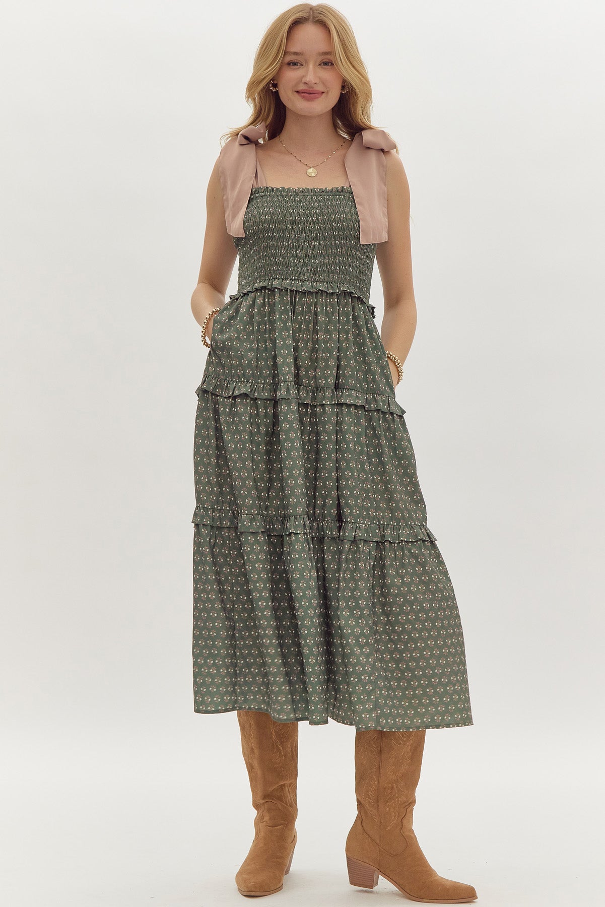 Floral print sq. neck sleeveless tiered midi dress w/ ties at shoulders. Smocking. Pockets.