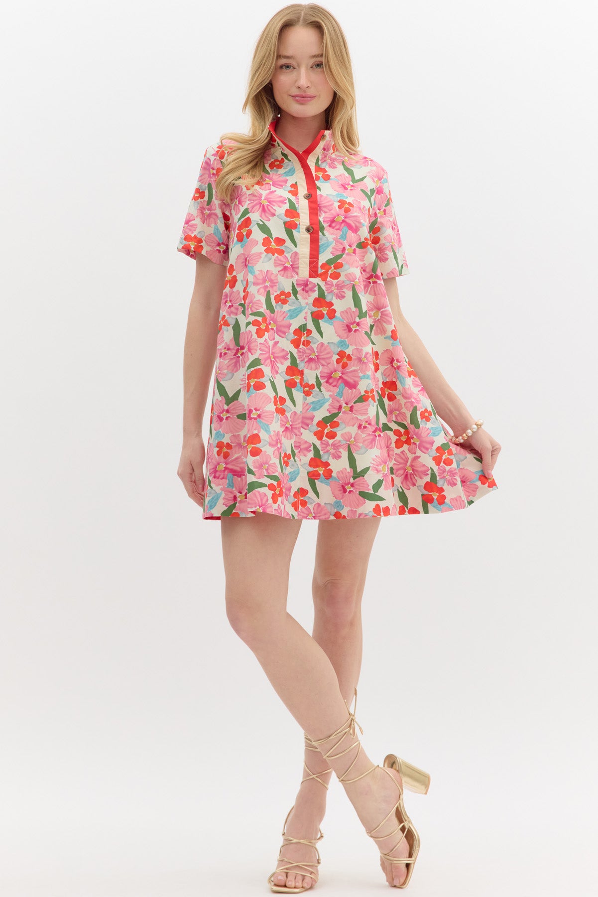 Short Sleeve Red and Pink Floral Mini Dress w/ Front Buttons
